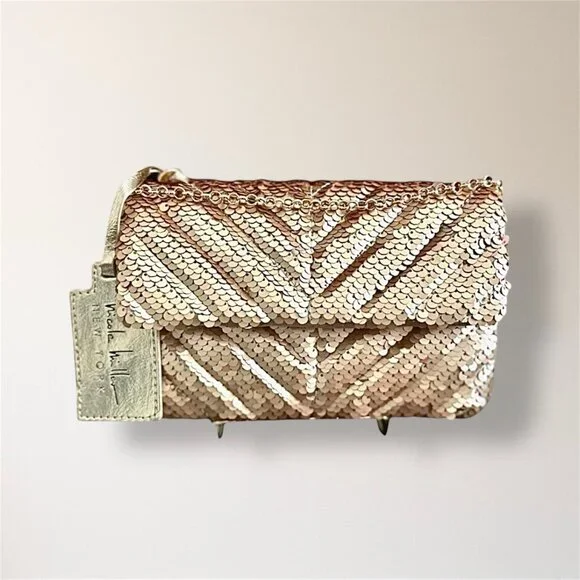 Nicole Miller Gold Sequin‎ Crossbody Bag Convertible Clutch Chain Holiday Party - Picture 3 of 12